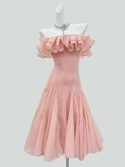 Elegant Off Shoulder Ruffle Cinched Waist Maxi Dress