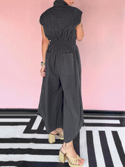 Casual Sleeveless Button Down Cinched Waist Jumpsuit