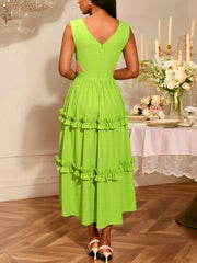 V Neck Sleeveless Ruffles High Waist Hollow Maxi Dress