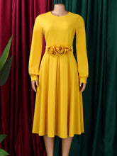 Round Neck Long-Sleeve Floral Embellishment Midi Dress