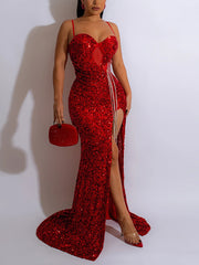 Sexy Patchwork Sequins Slit Spaghetti Strap Dress