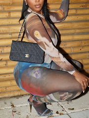 Fashion Round Neck Sheer Print Tight Pants 2 Piece Set