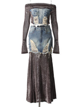 Fashion Mesh Off Shoulder Denim Patchwork Skirts Set