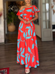 One Shoulder Ruffles Sleeve Print Long Dress