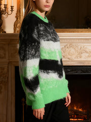 Casual Round Collar Gradient Color Striped Knit Sweater