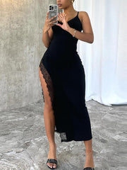 Lace Panel Split Hem Spaghetti Straps Midi Dress