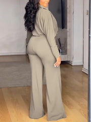 V-Turn down Collar Elastic Slim Pant Casual Set