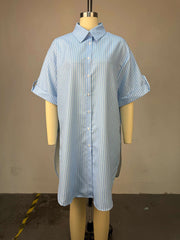 Casual Stripe Short Sleeve Loose Side Split Shirt