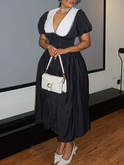 Fashion Doll Collar Puff Sleeve Midi Dress