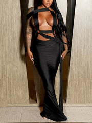 Sexy Circular Ring Patchwork Hollow out Bodycon Dress