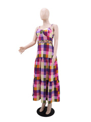 Casual Plaid Print Cut Out Vacation Maxi Dress
