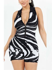 Sexy Sleeveless Print Ribbed Zipper Stretch Romper