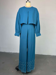 O Neck Crop Top and Pearls Decor Wide Leg Pants Set