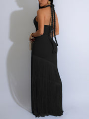 Sexy Fringe Halter Backless Lace-Up Maxi Dress