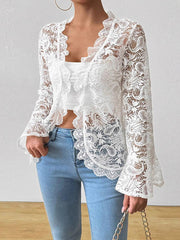 Casual Flare Sleeve Ruffle Trim Sheer Lace Jacket