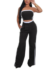 Striped Sleeveless Strapless Crop Top And Pants Set