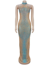 Sexy Mesh Sheer Rhinestones Sleeveless Maxi Dress