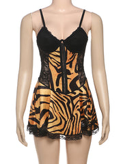 Sexy Lace Patchwork Leopard Print Ruffle Mini Dress