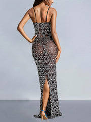 Fashion Rhinestone Sheer Bodycon Party Club Dress