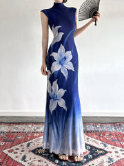 Elegant Gradient Color Print Slim Maxi Dress