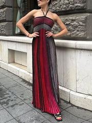 Fashion Sexy Metallic Knit Halterneck Maxi Dress