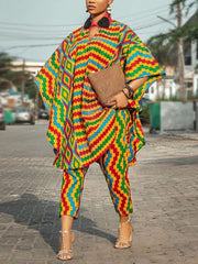 Casual Print V Neck Loose Oversized Top And Pants Set