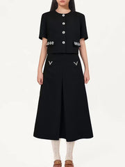 Elegant Rhinestone Round Neck Top High Waist Skirt Sets