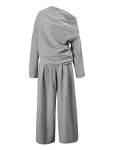 Fashion Off Shoulder Shirt Ruched Wide Leg Trousers Set