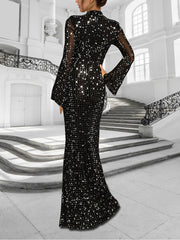 Elegant Rhinestone Sheer Mesh Bodycon Maxi Dress