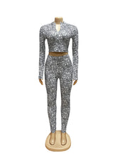 Print Zipper Crop Top Skinny Pant Sexy Clubwear Two Piece Set