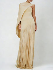 Elegant Solid Slim Tassel Maxi Dress With Cape