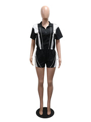 Casual Zipper Contrast Color Half Sleeve Shorts Sets
