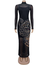 Sexy Print Mesh Bodycon Maxi Dress Two Piece Set