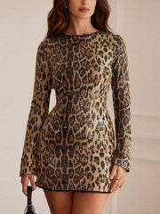 Leopard Print Sequin Long Sleeve Bodycon Mini Dress