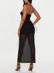 Sexy Embellished Mesh Sheer Ruched Maxi Dress