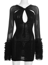 Cross Sheer Mesh Long Sleeve Bodycon Mini Dress