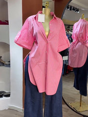 Casual Stripe Short Sleeve Loose Side Split Shirt
