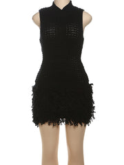 Sexy Sleeveless Fringe Hem Open Knit Sweater Dress