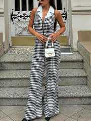 Fashion Plaid Lapel Backless Halter Jumpsuit