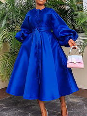 Elegant Satin Lantern Sleeve Bandage Party Maxi Dress