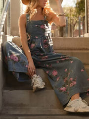 Print Pocket Casual Denim Overalls