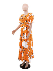 Fashion Print V-neck High Waist Slim Dress