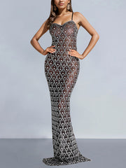 Fashion Rhinestone Sheer Bodycon Party Club Dress