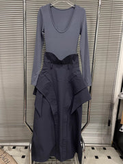 Fashion Long Sleeve Patchwork Ruffles Maxi Dress