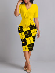 Print Patchwork Slit Ruched V Neck Wrapped Dress