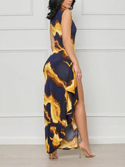Casual V-neck Sleeveless Print High Slit Maxi Dress