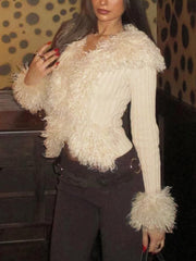 Fashion Faux Fur Ribbed Cardigan Sweater