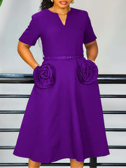 Elegant V-neck 3D Flower Decor Midi Dress