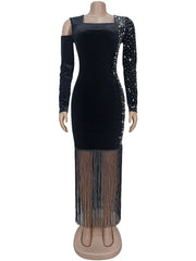 Fashion Rhinestone Decor Fringe Asymmetry Bodycon Dress