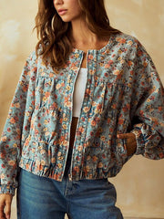 Vintage Round Collar Print Batwing Sleeve Denim Jacket